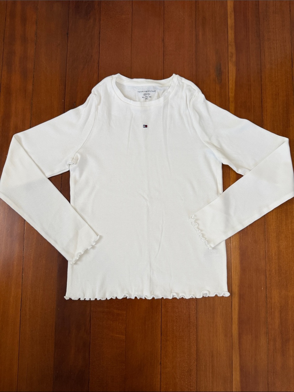 Tommy Hilfiger White Ribbed Long-Sleeve Lettuce-Edge Tee